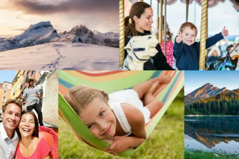 Skapa minnen med en fotokollage app: snöiga berg, glada barn på karusell, kärlekspar i Venedig, en flicka i hängmatta och en bergssjö.