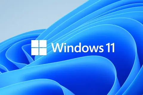 Windows 11-logotypen på en blå, böljande bakgrund. En utforskare kan navigera i den digitala världen med detta operativsystem.
