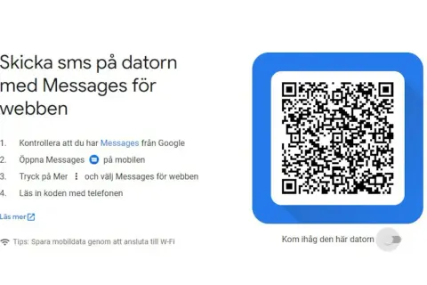 Instruktioner för att skicka sms från datorn med Messages för webben. En QR-kod visas för att koppla ihop enheten.