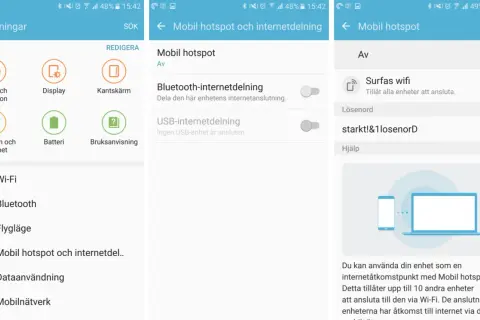 Inställningar för att dela internet via Samsung mobil hotspot.
