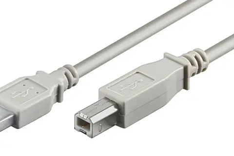En grå USB-kabel med en USB A-port i ena änden och en USB B-port i den andra.