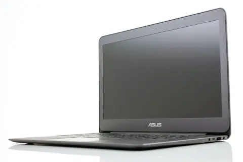 En stilren Asus Zenbook UX305 laptop i grått, med skärmen öppen och logotypen synlig.