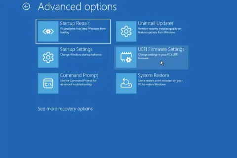Avancerade alternativ för felsökning, inklusive UEFI Firmware Settings för att ändra inställningar i din UEFI BIOS.