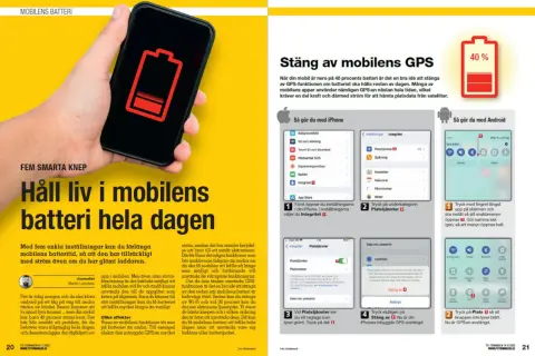 En hand håller en mobil med en batteriikon som visar låg laddning. Texten "Håll liv i mobilens batteri hela dagen" uppmanar till att ladda telefonen smart.