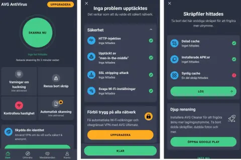 AVG antivirus för Android visar en säkerhetskontroll. Inga hot hittades, men appen föreslår att rensa skräpfiler.