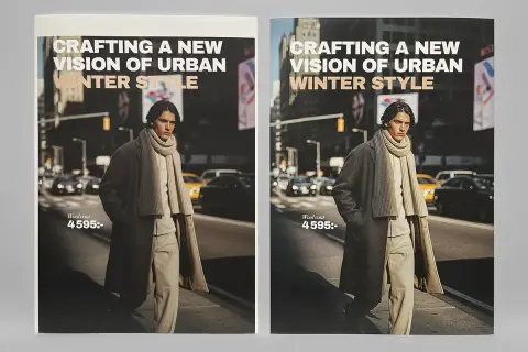 Man i rock och halsduk på stadsgata, "Crafting a new vision of urban winter style". Bilden är retuscherad för att framhäva plagget.
