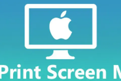 En vit datorskärm med ett Apple-logotyp på en blågrön bakgrund. Texten "Print Screen Mac" syns nedtill.