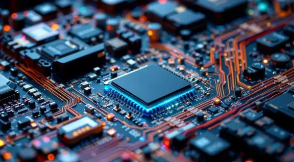 Detaljerad bild av ett kretskort med en lysande blå processor i mitten. Koppartrådar slingrar sig över det mörka kortet, vilket ger en känsla av avancerad teknik och tpm 2.0-säkerhet.