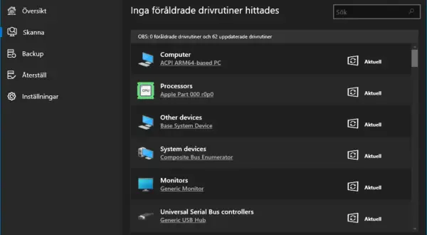Datorn är uppdaterad, inga föråldrade drivrutiner hittades. 62 drivrutiner är aktuella.