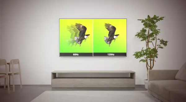 En TV visar en örn i flykt. Vänstra sidan visar 60Hz med suddiga rörelser, högra sidan visar 120Hz med skarpare bild. Uppdateringsfrekvensen på TV:n gör skillnad.
