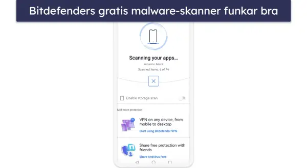 Bitdefender skannar appar på din Android. Ett gratis antivirusprogram som skyddar din enhet.