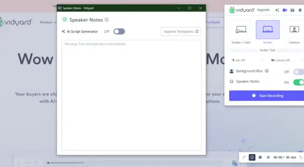 Förbered dig att spela in video på datorn med Windows 10. Välj skärminspelning, aktivera talaranteckningar och starta inspelningen.