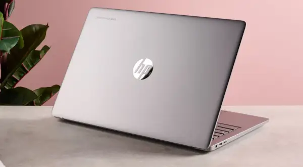 En stängd silverfärgad HP Chromebook Plus med en grön växt i bakgrunden. Kanske en av chromebook nackdelar är att den inte är lika mångsidig som andra datorer.