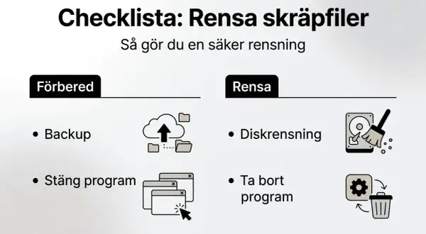 Checklista för att rensa datorn helt. Inkluderar backup, stänga program, diskrensning och ta bort program.