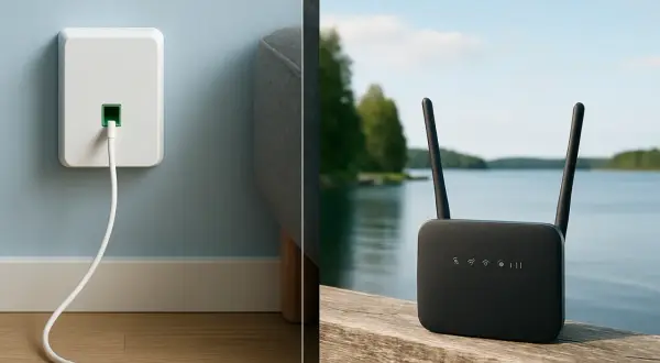 Välj mellan fiber eller mobilt bredband. En vit dosa med kabel på väggen och en svart router vid en sjö.
