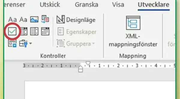 En bock i en cirkel, en del av en checklista i Word, under fliken "Utvecklare".