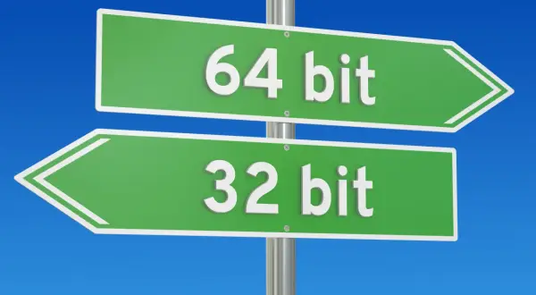 En vägskylt med två gröna pilar. En pil pekar åt höger med texten "64 bit" och den andra åt vänster med texten "32 bit".