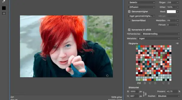 En kvinna med knallrött hår tittar in i kameran. Inställningar för att skapa GIF visas, med alternativ för färg och animering.