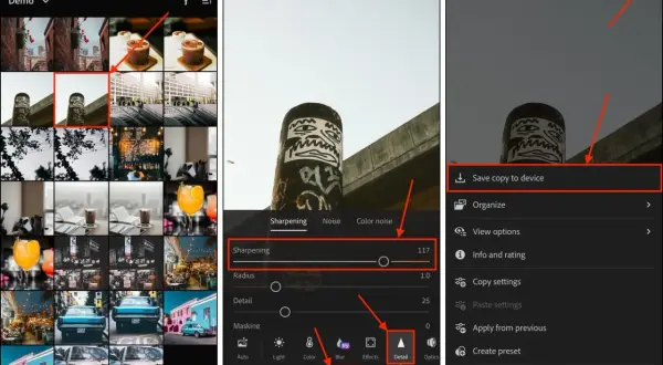 App-skärmar visar hur man justerar skärpa och detaljer i bilder, med alternativ för att **blurra bilder iPhone**.
