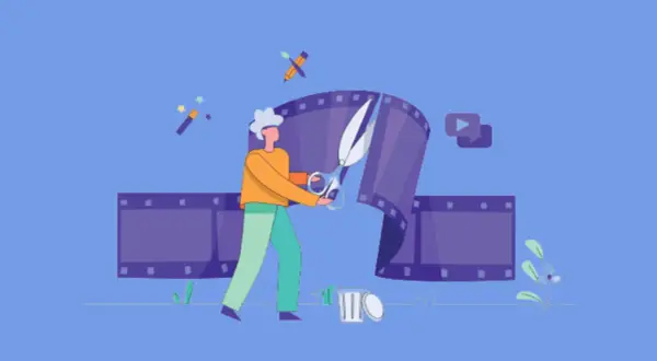En person klipper i en filmremsa med sax. Symboler för magi och kreativitet antyder gratis videoredigering.