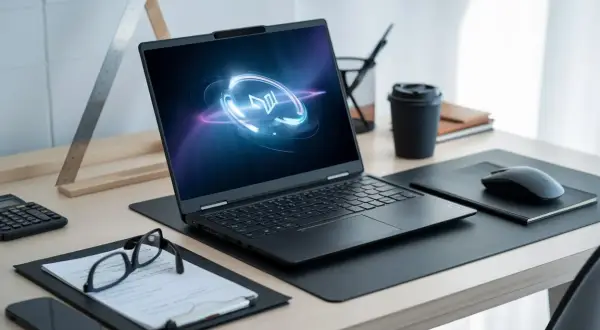 En HP Pavilion 15 laptop med en neonlogotyp på skärmen, bredvid glasögon, en mobiltelefon och en kaffekopp på ett skrivbord.