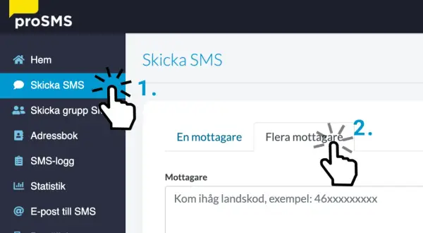 Här visas hur man skickar sms till flera samtidigt. Klicka på "Flera mottagare" för att lägga till fler mottagare.