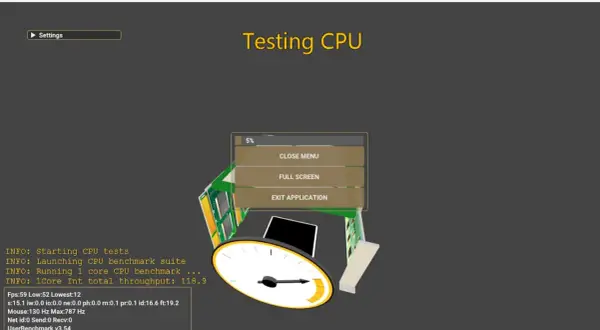Programmet UserBenchmark kör tester för att testa datorns prestanda. En meny visar alternativ som "Close Menu" och "Full Screen".