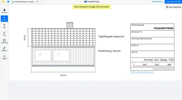 En fasadritning av ett hus med tegelfärgade takpannor och faluröd brädfodring, skapad i ett ritprogram online.