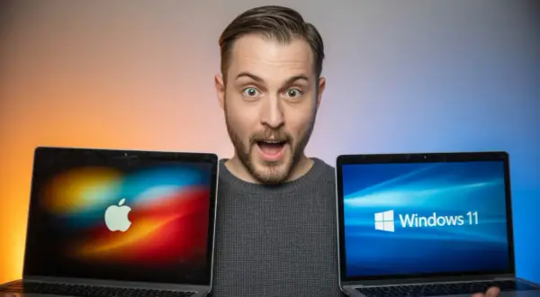 Man håller upp en MacBook med Apple-logga och en laptop med Windows 11. Vilken ska du välja, pc eller mac?
