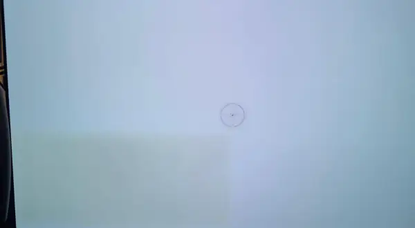 En ljusgrå skärm med en synlig grönaktig fläck till vänster, troligen ett tecken på burn-in på OLED-skärmen.