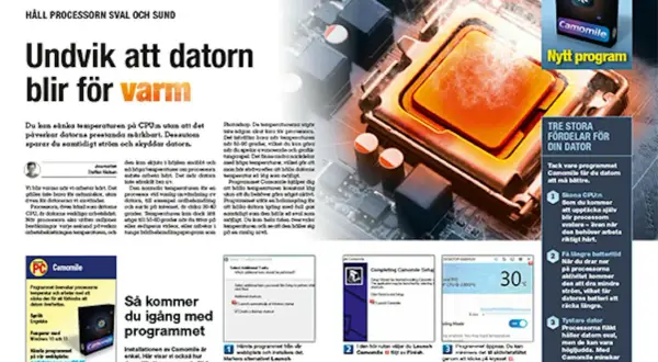Datorns processor med en orange värmeledande platta. Texten "Undvik att datorn blir för varm" och "kolla temperatur dator" finns i bilden.