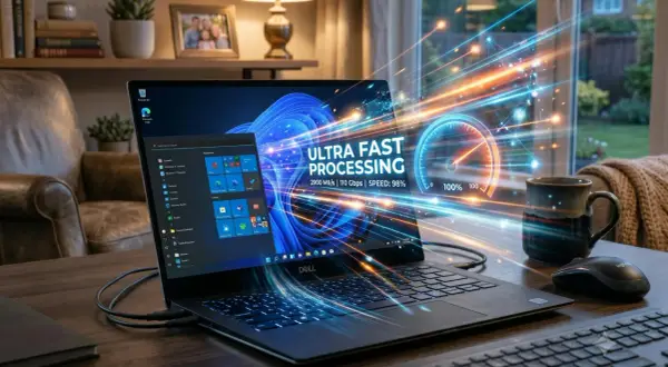 En Dell-laptop med Windows 11 visar "ULTRA FAST PROCESSING". Hårdvara och mjukvara samarbetar för maximal hastighet.