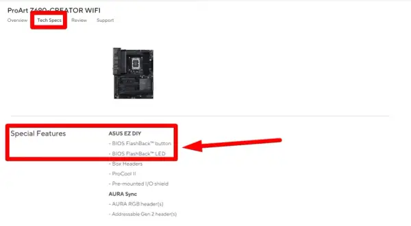 Moderkortets specifikationer visar BIOS FlashBack™-knapp och LED, en funktion som ger en snabb bios flashback.
