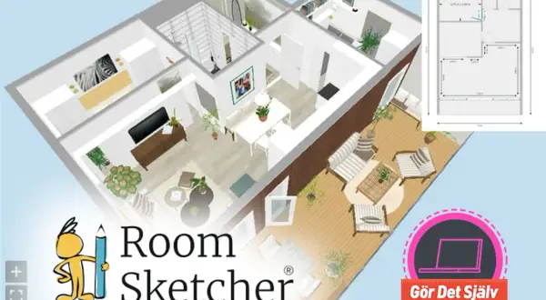 Skapa ditt drömhus med gratis ritprogram. Se en 3D-planlösning av ett modernt hem med uteplats.