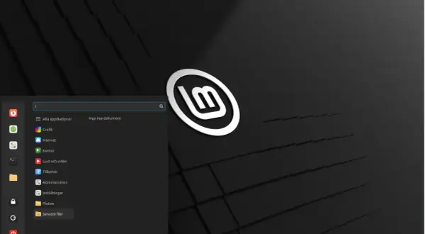 Linux operativsystem med en meny som visar applikationer som Grafik, Internet och Kontor.