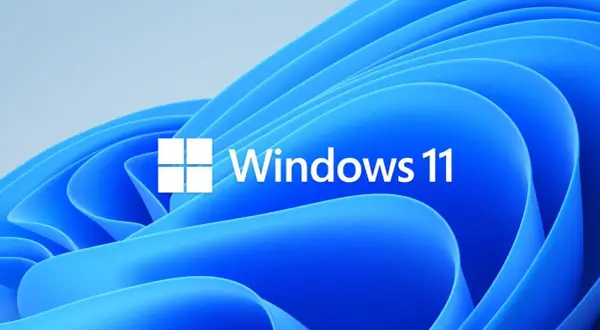 Windows 11-logotypen på en blå, böljande bakgrund. En utforskare kan navigera i den digitala världen med detta operativsystem.