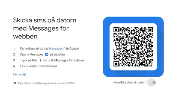 Instruktioner för att skicka sms från datorn med Messages för webben. En QR-kod visas för att koppla ihop enheten.