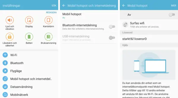 Inställningar för att dela internet via Samsung mobil hotspot.