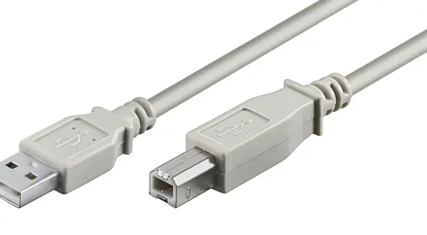 En grå USB-kabel med en USB A-port i ena änden och en USB B-port i den andra.