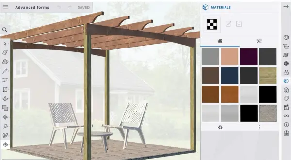 En 3D-modell av en pergola med två stolar och ett bord. Materialpaletten visar olika texturer, perfekt för att skapa ett bildspel gratis.
