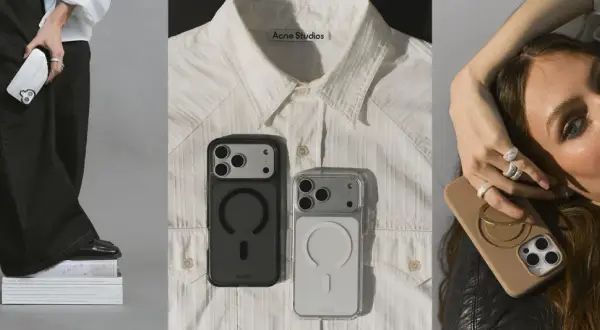 En person håller en vit MagSafe-mobil. Två skal ligger på en Acne Studios-skjorta. En kvinna med smycken visar upp ett brunt skal med MagSafe.