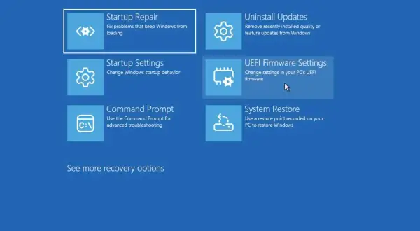 Avancerade alternativ för felsökning, inklusive UEFI Firmware Settings för att ändra inställningar i din UEFI BIOS.