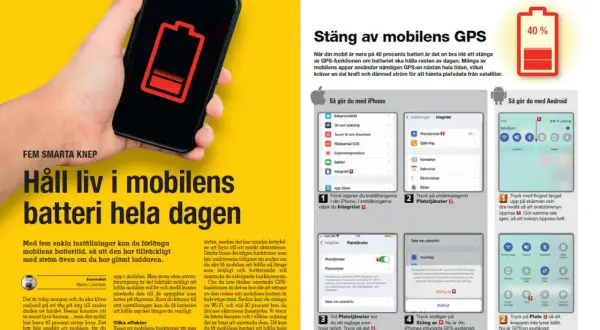 En hand håller en mobil med en batteriikon som visar låg laddning. Texten "Håll liv i mobilens batteri hela dagen" uppmanar till att ladda telefonen smart.