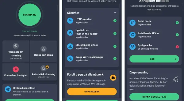 AVG antivirus för Android visar en säkerhetskontroll. Inga hot hittades, men appen föreslår att rensa skräpfiler.