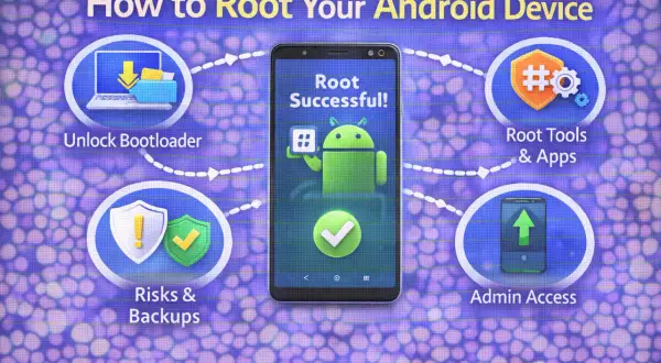 Steg för att roota Android: låsa upp bootloader, risker, säkerhetskopior, verktyg och adminåtkomst.