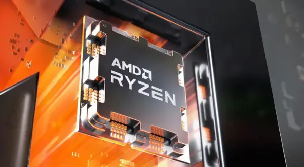 AMD Ryzen 7 5700X3D-processor, med sina gyllene kontakter och flammande orange bakgrund, redo att leverera otrolig prestanda.