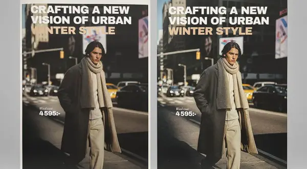 Man i rock och halsduk på stadsgata, "Crafting a new vision of urban winter style". Bilden är retuscherad för att framhäva plagget.