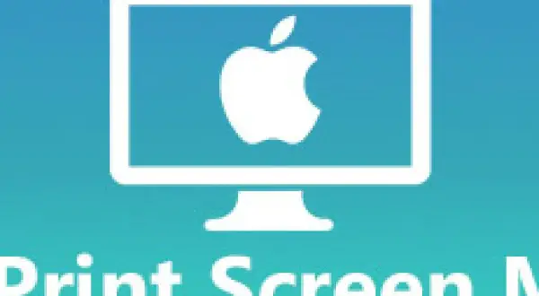 En vit datorskärm med ett Apple-logotyp på en blågrön bakgrund. Texten "Print Screen Mac" syns nedtill.