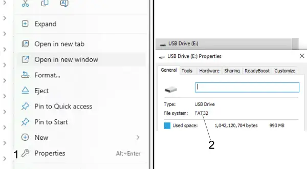 Egenskaperna för USB-enheten (E:) visar att filsystemet är FAT32.