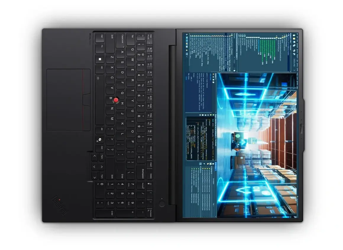 Svart laptop med tangentbord och skärm som visar kod och ett lager med lådor. En funktion för hot swap kan vara användbar för snabba byten.